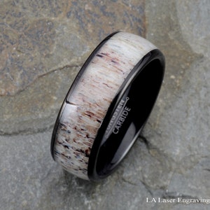Deer Antler Tungsten Ring - Black Men&#39;s Wedding Band - Personalized
