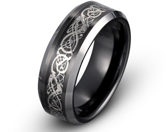 Mens Tungsten Dragon Wedding Band, Black Tungsten Celtic Ring 8mm