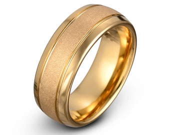 Tungsten Ring, Yellow Gold Tungsten Wedding Ring, Mens Wedding Band