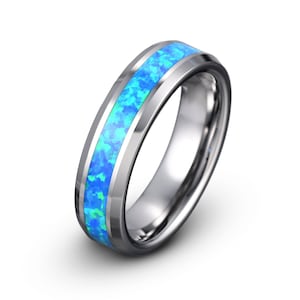 Blue Opal Wedding Band, Tungsten Ring, Men&#39;s Wedding Band, Gray Blue Men&#39;s Women&#39;s Tungsten Wedding Band 6mm, Anniversary Ring