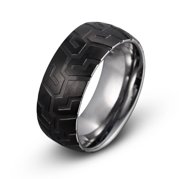 Mens Tungsten Ring, Tire Tread Design Tungsten Wedding Band, Wedding Band, Mens Black Wedding Band, Black Tungsten Ring