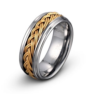 Tungsten Ring, Gold Ring, Yellow Gold Tungsten Ring,  Mens Tungsten Ring, Tungsten Wedding Ring, Yellow Braid Inlay, Gray Ring, Mens Ring