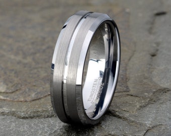 Mens Wedding Band, Tungsten Ring, Mens Ring Classic 7mm with Brushed Finish, Polished Beveled Edges Custom Engravable