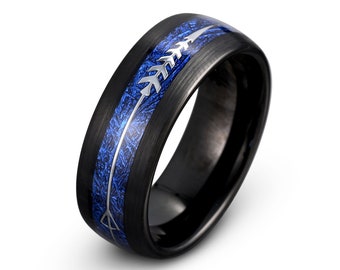 Blue Meteorite Ring | Men's Wedding Band | Tungsten Ring Black, Brushed Ring | Domend Style 8mm Men's Wedding Ring | Personalized Ring