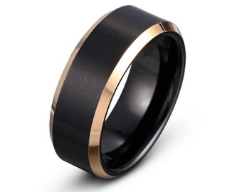 Two Tone Tungsten Matching Couple Ring, Men's Rose Gold Tungsten Ring, Black Tungsten Wedding Band, Tungsten Ring