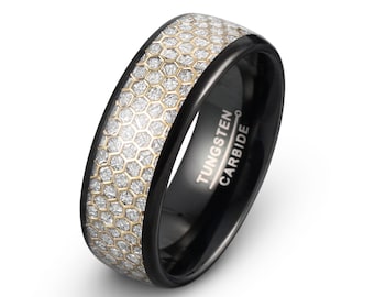 Honeycomb Tungsten Ring: Black & Yellow Gold Wedding Band