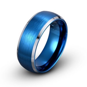 Blue Tungsten Wedding Band | Mens Two Tone Ring | Brushed & Polished Edges | Custom Engraved | 8mm Width