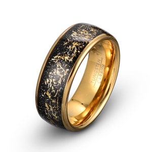 Tungsten Wedding Ring, Yellow Gold Meteorite Ring, Mens Wedding Band, Black Tungsten Ring