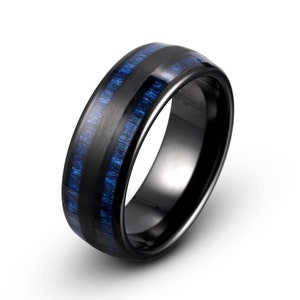 Blue Wood Ring, Mens Wedding Ring, Black Tungsten Ring, Mens Tungsten Wedding Band