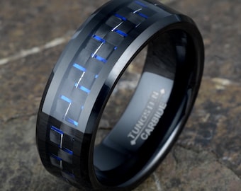 Blue Carbon Fiber Ring: Black Tungsten Wedding Band (8mm)
