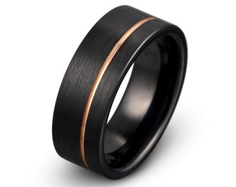 Black Tungsten Ring, Mens Tungsten Wedding Band, Mens Tungsten Ring, Rose Gold Tungsten Matching Ring Set