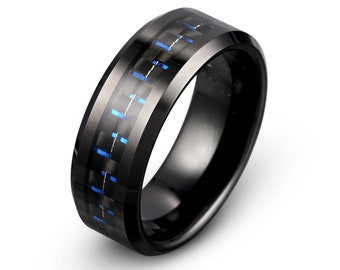 8MM Dome Mens Black Ceramic Ring Wedding Band with Blue Carbon Fiber Inlay Sizes 5 to 15 8MM Dome Mens Black Ceramic Ring Wedding Band with Blue Carbon Fiber Inlay Sizes 5 to 15