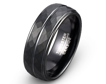 Black Tungsten Ring Mens Wedding Band Hammered Brushed Domed Ring Custom Engraved