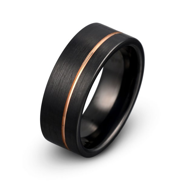 Black Tungsten Ring, Mens Tungsten Wedding Band, Mens Tungsten Ring, Rose Gold Tungsten Matching Ring Set