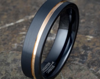 Black Brushed Tungsten Wedding Band: Rose Gold Inlay, Comfort Fit (6mm)