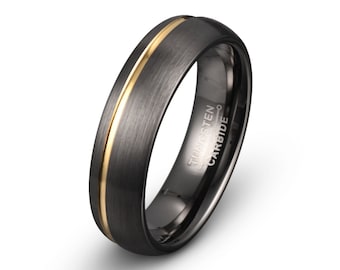 Gunmetal Tungsten Ring Mens Women's Wedding Band Brushed Gold Inlay, Custom Engraved 6mm