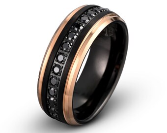 Black Tungsten Wedding Band with Rose Gold & Cubic Zirconia