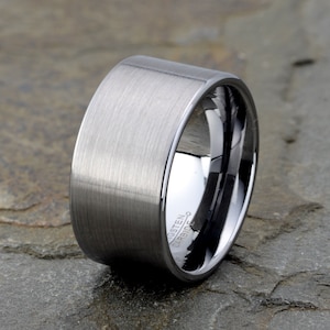 Tungsten Ring, Mens Wedding Band, Wide Ring, Brushed Finish Mens Ring, Stylish Wedding Band, Durable Ring, 12mm Width, Free Custom Engraving