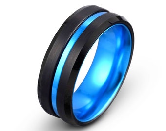 Tungsten Ring | Mens Wedding Band | Blue Tungsten Ring | Two Tone Ring | 8mm Wedding Band | Blue Tungsten Ring | Personalized Ring |
