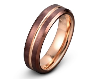 Rose Gold Tungsten Ring: Brown Men's Wedding Band
