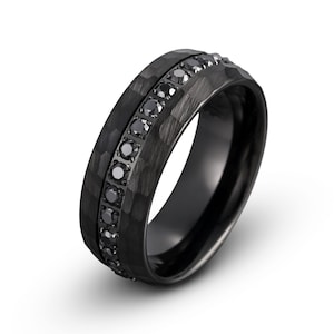 Black Tungsten Wedding Band: Hammered Finish, Black CZ Eternity Ring, Free Engraving
