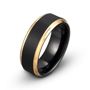 Mens Tungsten Ring, Black Tungsten Wedding Ring, Yellow Gold Tungsten Ring, Two Tone Promise Ring for Him