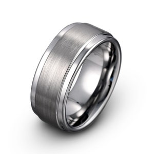 Gray Tungsten Ring: 9mm Brushed Flat Band with Stepped Edges