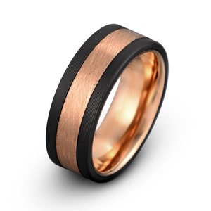 Rose Gold Tungsten Ring, Brushed Men's Wedding Band, Black Tungsten Ring