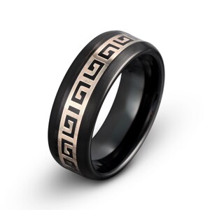 Greek Ring, Yellow Gold Tungsten Ring, Mens Tungsten Wedding Band, Black Brushed Ring 8mm