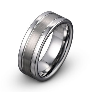 Brushed Silver Gray Tungsten Mens Wedding Band - 8mm, Personalized Ring