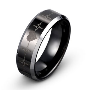 Heart Beat Tungsten Ring, Mens Wedding Band Black, Wedding Band, Men's Tungsten Wedding Band, Black Tungsten Ring