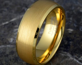 Gold Tungsten Carbide Ring – Men's Wedding Band | Brushed 8mm with Beveled Edges Personalized Jewelry