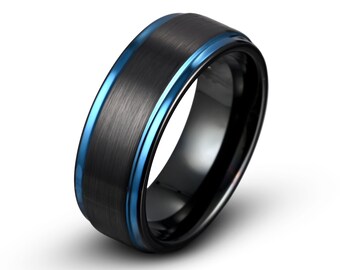 Blue Tungsten Ring, Mens Wedding Band Black