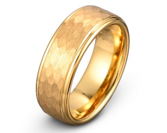 Tungsten Ring, Mens Yellow Gold Wedding Band, Hammered Ring