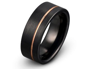 Black Tungsten Ring: Rose Gold Grooved Wedding Band