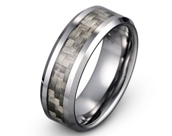 Tungsten Ring | Carbon Fiber Ring | Gray Polished Finish Beveled Edge | 8mm Carbon Fiber Men's Wedding Band | Free Custom Laser Engraving
