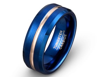 Blue Tungsten Wedding Band: Rose Gold Grooved Ring, 8mm