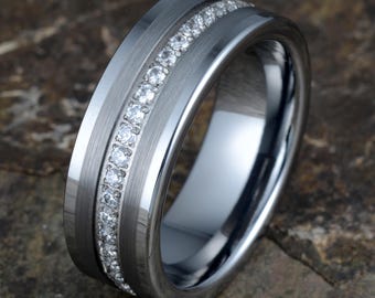 Eternity Tungsten Ring Cubic Zirconia Men's Wedding Band CZ Free Personalization