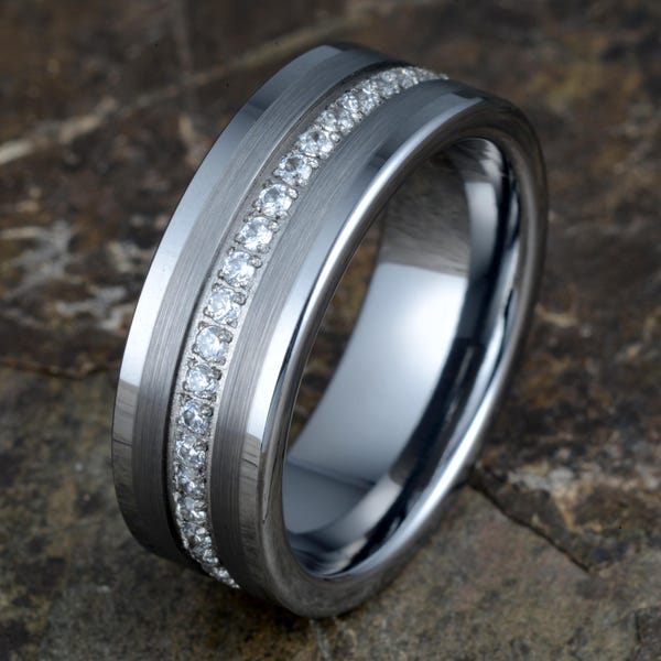 Eternity Tungsten Ring Cubic Zirconia Men's Wedding Band CZ Free Personalization