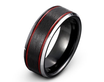 Red Tungsten Ring, Mens Wedding Band, Black Brushed Two Tone Ring 8mm, Free Custom Engraving