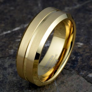 Yellow gold tungsten carbide ring brushed finish center grooved polished beveled edges comfort fit 8mm width