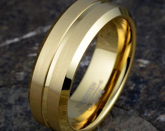 Yellow Gold Tungsten Ring, Mens Wedding Band 8mm