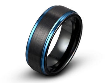 Blue Tungsten Ring, Mens Wedding Band Black