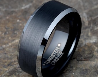 Brushed Black Tungsten Wedding Band with Silver Edge, 8mm Mens Ring, Asymmetric Two Tone Design, Custom Engraved Anniversary Gift for Him