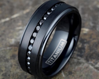 Engraved Black Titanium Mens Wedding Band: Eternity CZ Ring