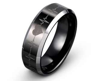 Heart Beat Tungsten Ring, Mens Wedding Band Black, Wedding Band, Men's Tungsten Wedding Band, Black Tungsten Ring