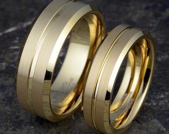 Matching Tungsten Wedding Bands Set – His and Hers Gold Rings | 6mm & 8mm Brushed Tungsten Carbide Couple Rings