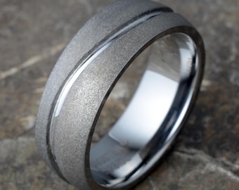 Sandblasted Tungsten Ring 8mm, Polished Groove Wedding Band, Free Engraving, Mens Comfort Fit