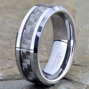 Tungsten Carbon Fiber Ring: Gray Polished Beveled Wedding Band, 8mm (Free Engraving)
