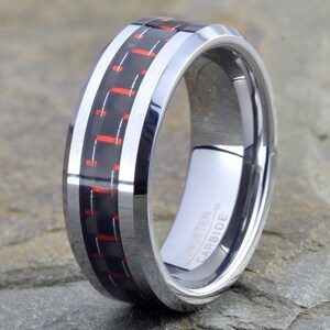 Red Carbon Fiber Ring, Mens Tungsten Ring, Tungsten Wedding Band, 8mm